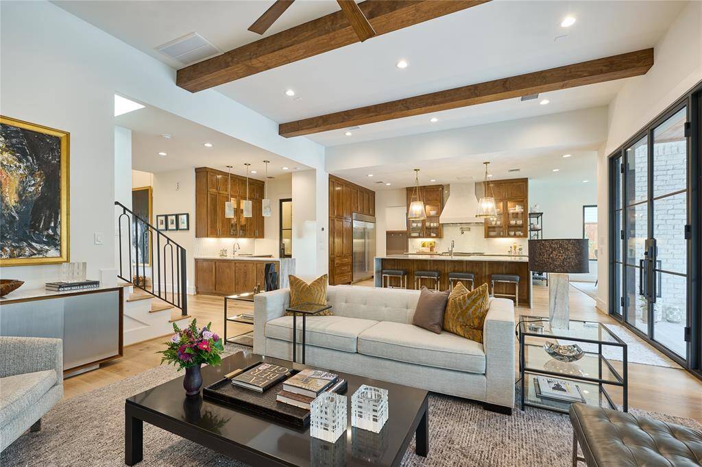 Exquisite wood accent beams in the family room, adding warmth and architectural character to the space.