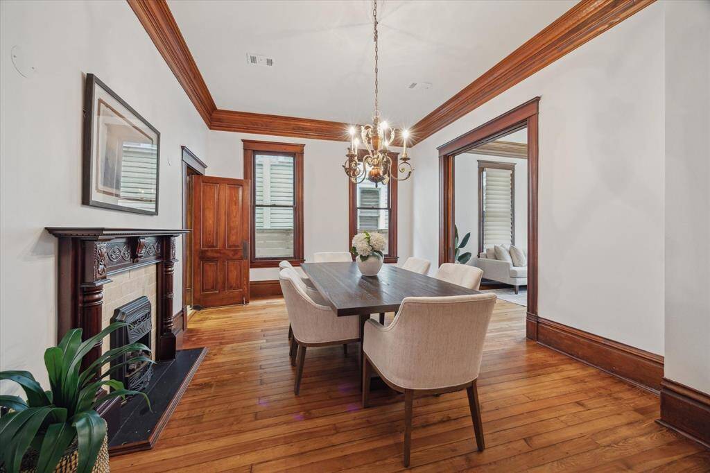 Spacious and beautifully detailed, this inviting dining room is perfect for holiday feasts, dinner parties and gatherings that linger long into the evening.