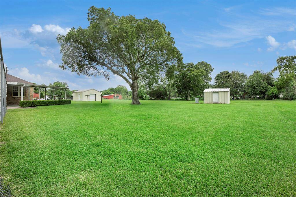 This photo showcases a spacious, well-maintained backyard with lush green grass, a large tree. The yard is adjacent to a brick house with a patio area, offering plenty of open space for outdoor activities.