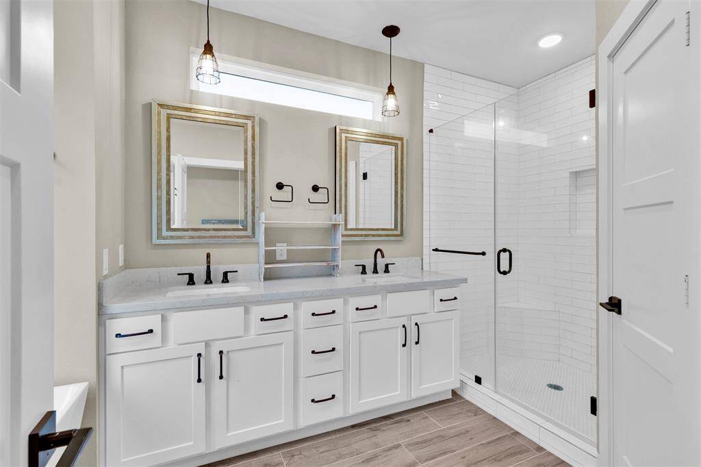 Quartz countertops and designer lighting!