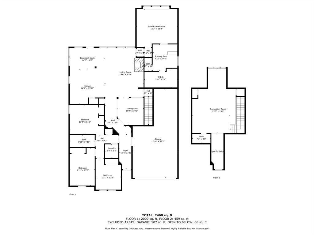This floor plan features a spacious layout. The first floor includes a large living room, kitchen with breakfast nook, dining area, primary bedroom with en-suite bath, and two additional bedrooms. A recreation room is located on the second floor. The layout includes ample storage and a garage.
