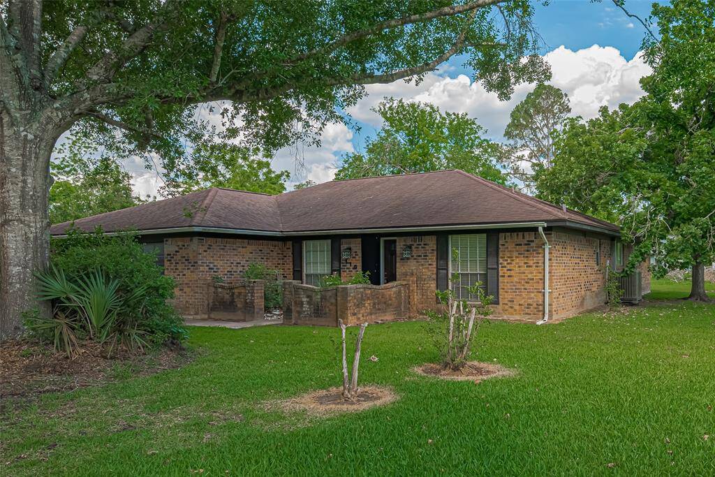 Charming single-story brick home surrounded by lush greenery and mature oak and pecan trees on an oversized lot. The property features a well-maintained lawn and an inviting front entrance, ideal for a serene living environment.