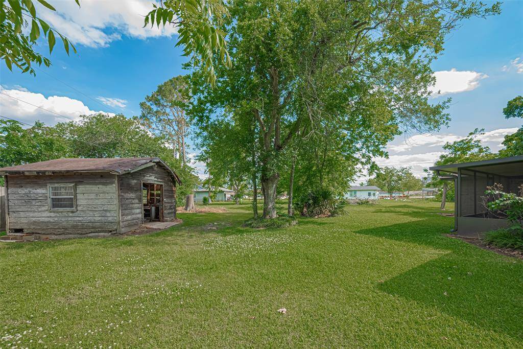 Spacious back yard with lush grass and mature shade trees.  Plenty of room for outdoor games/play, landscaping, or a garden