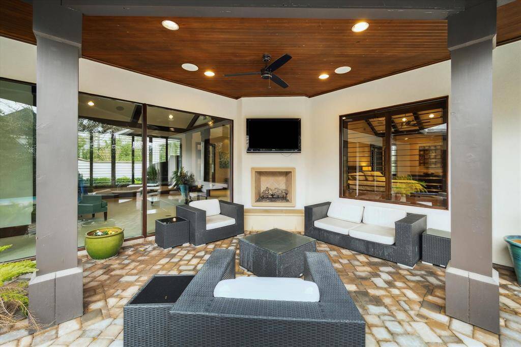 Outdoor fireplace and living area