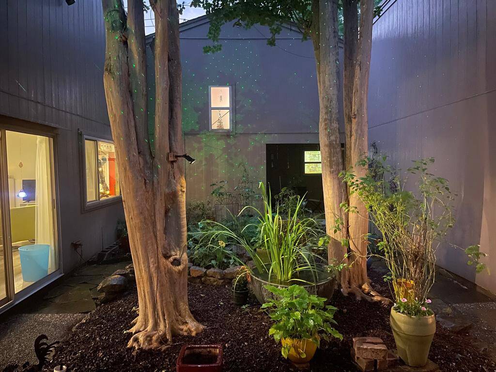 Courtyard features mature flowering trees, a small water feature, and potted plants, creating a serene outdoor space. Large windows provide a view of the beautifully lit courtyard.