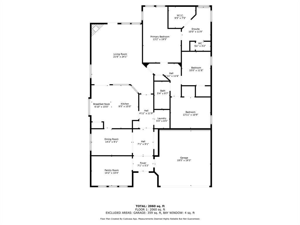 This is a floor plan of a single-story home totaling 2,060 sq. ft. It features a spacious living room, family and dining rooms, a kitchen with a breakfast nook, three bedrooms including a primary bedroom with an ensuite and walk-in closet, and a two-car garage. There are also two bathrooms, a laundry room, and additional hallway space.