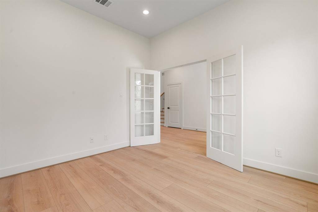 View from inside the home office with beautiful french doors.