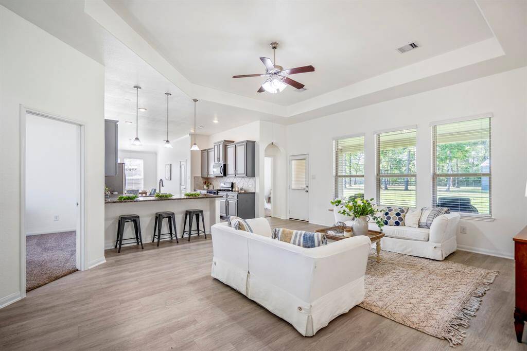 As you move further in, a recessed ceiling adds depth and character to the living room, while your eye is drawn to the kitchen on the left and a nearby doorway leading to a versatile space—perfect for a study, playroom, or 4th bedroom.