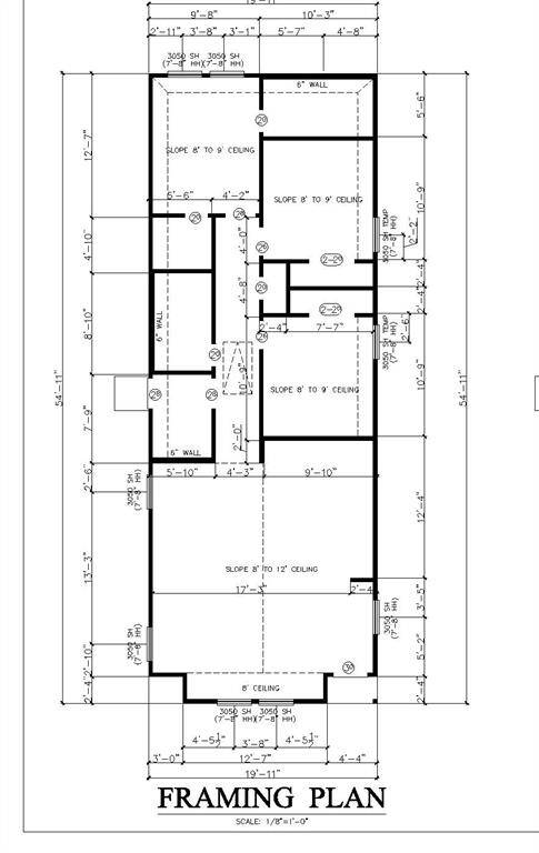 This is a detailed framing plan for a home, showing room dimensions and ceiling heights. It outlines the layout with measurements for walls, doors, and windows, providing a clear view of the structural design. Perfect for understanding the spatial arrangement of the property.