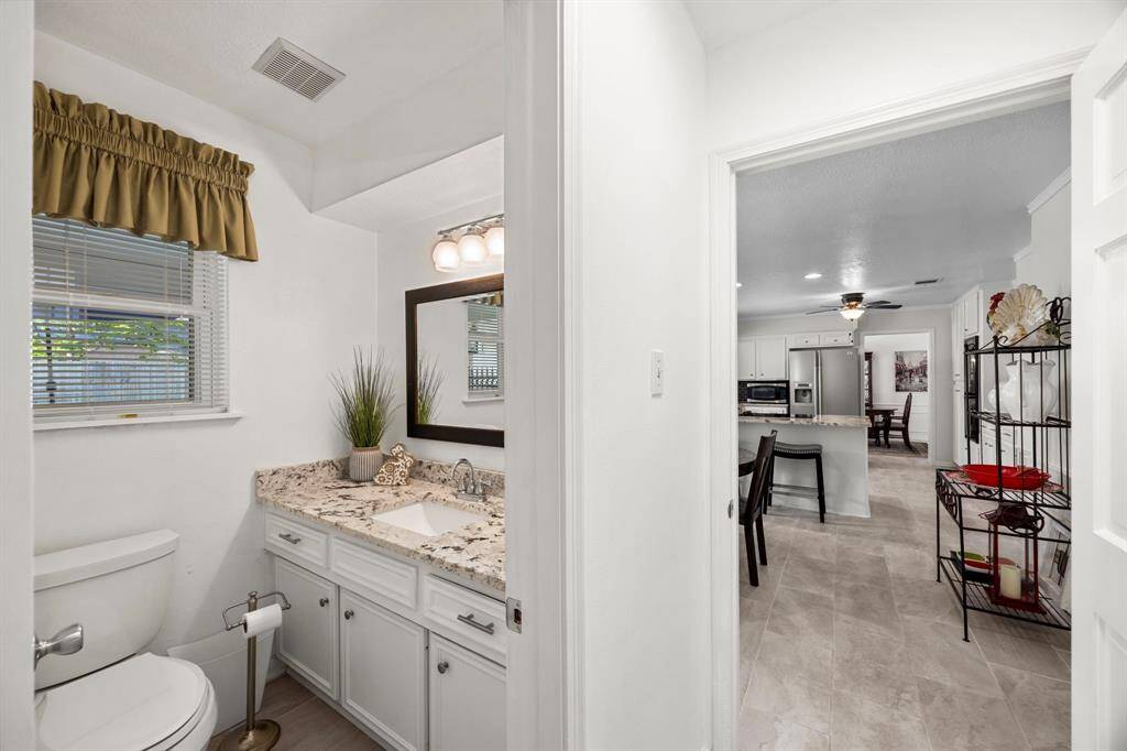 Powder bath has granite counter