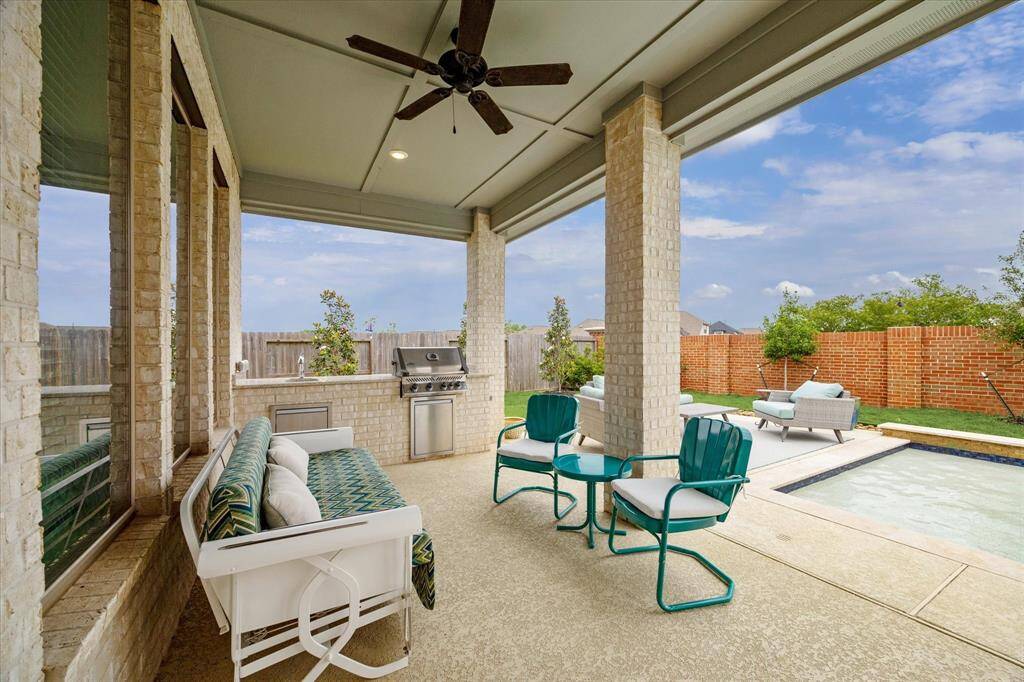 Whether you're throwing a backyard bash or winding down after a long day, this outdoor paradise has you covered—literally. With a covered patio, summer kitchen, sparkling pool, lush landscaping, and a full sprinkler system to keep it all green, it’s the kind of space where memories are made and worries fade fast.