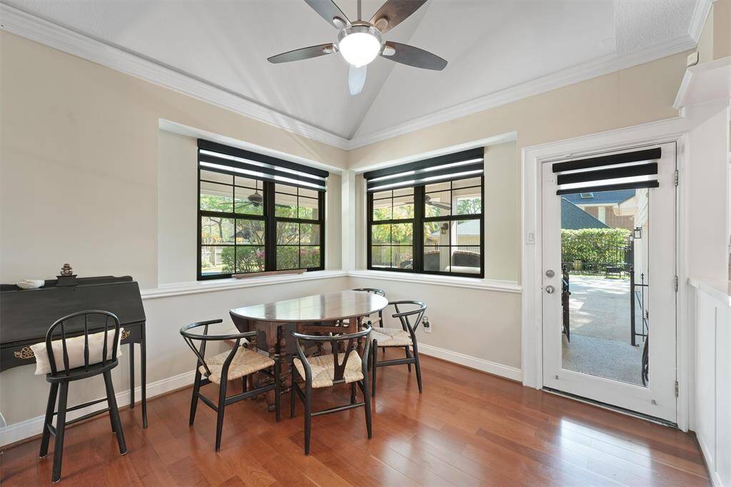 Breakfast room with remote controlled blinds.