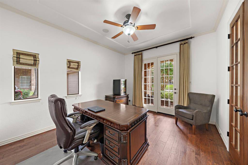 Enjoy the first floor home office. Could also be a playroom with a full bathroom just outside the french doors.