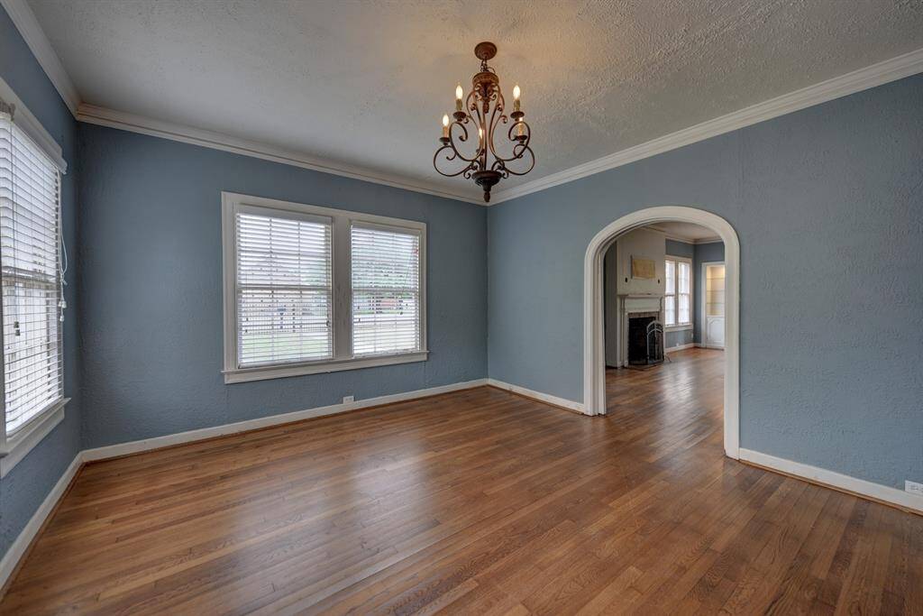 Dining area features large windows