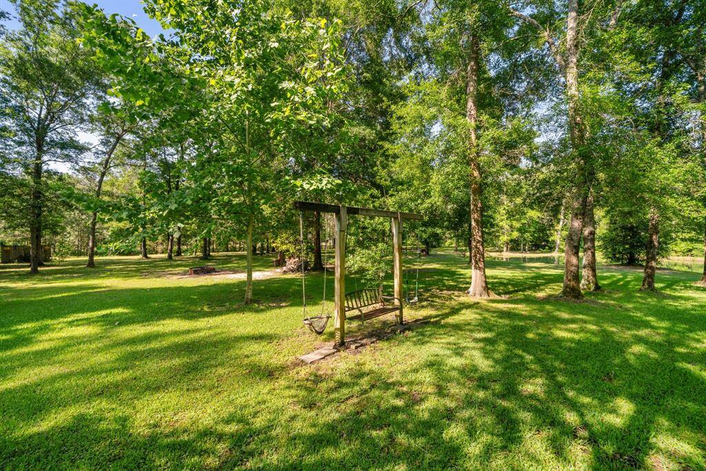 Situated beneath tall trees, this backyard area with swings offers a whimsical escape for play or peaceful reflection.