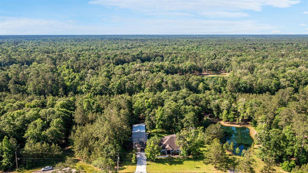 A higher view captures the pond’s peaceful proximity to the home, surrounded by dense trees and uninterrupted green space.