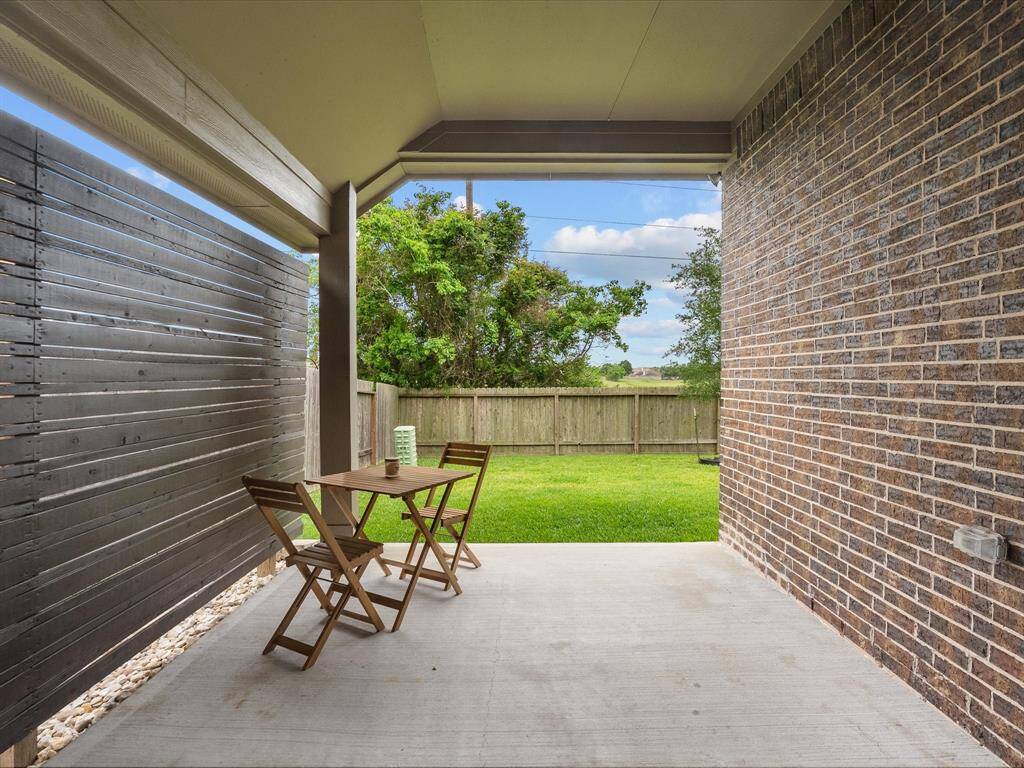Covered backyard patio with privacy.