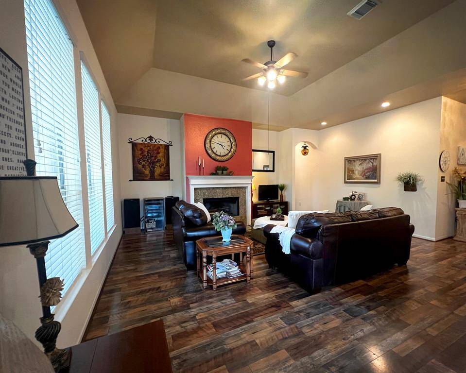 Enjoy the cozy gas-log fireplace to keep warm on a chilly winter evening.