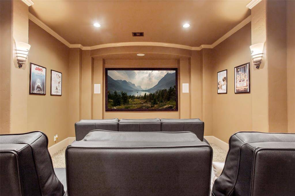 Media room DOWNSTAIRS. Sellers are leaving leather seating for 6 along with JVC D-ILA Home Theater Projector, surround sound speakers, receiver and SI Screen Innovations projection screen.