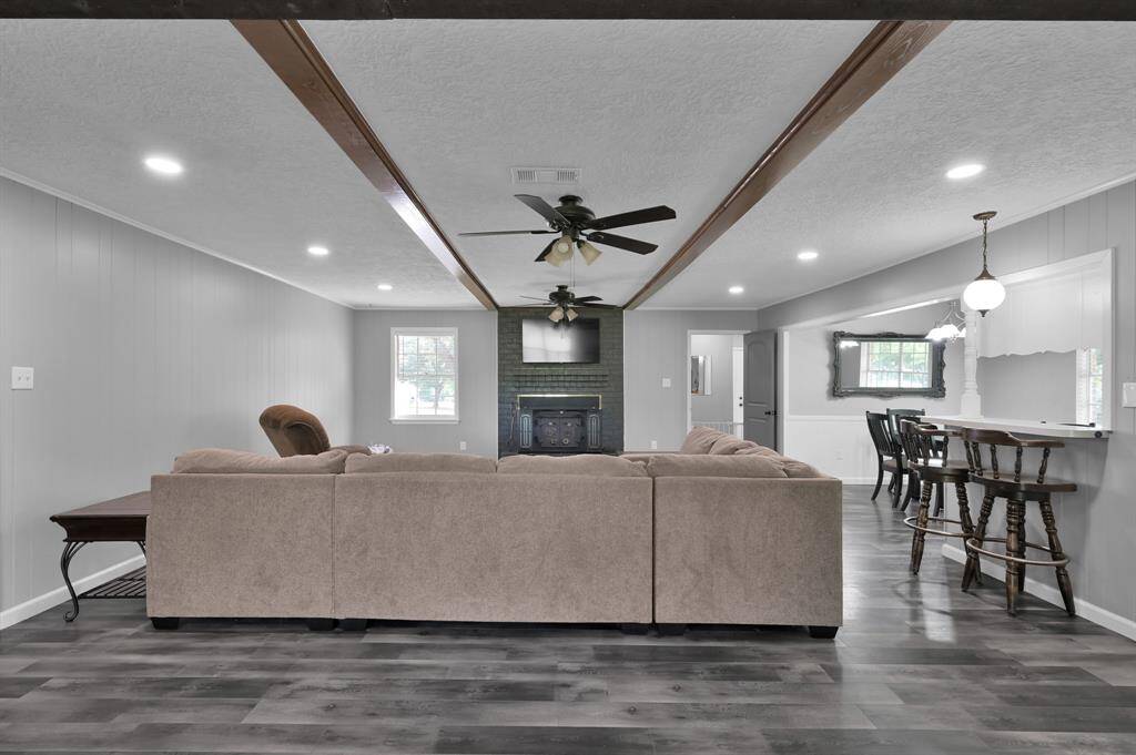 This wood burning fireplace is a statement piece