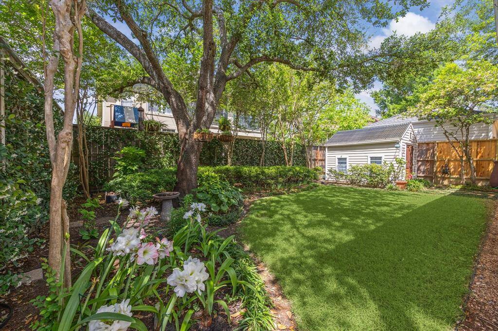 Another view of this beautiful landscaped backyard with landscape lighting and a large live oak tree. Sprinkler system with 8 different watering zones.