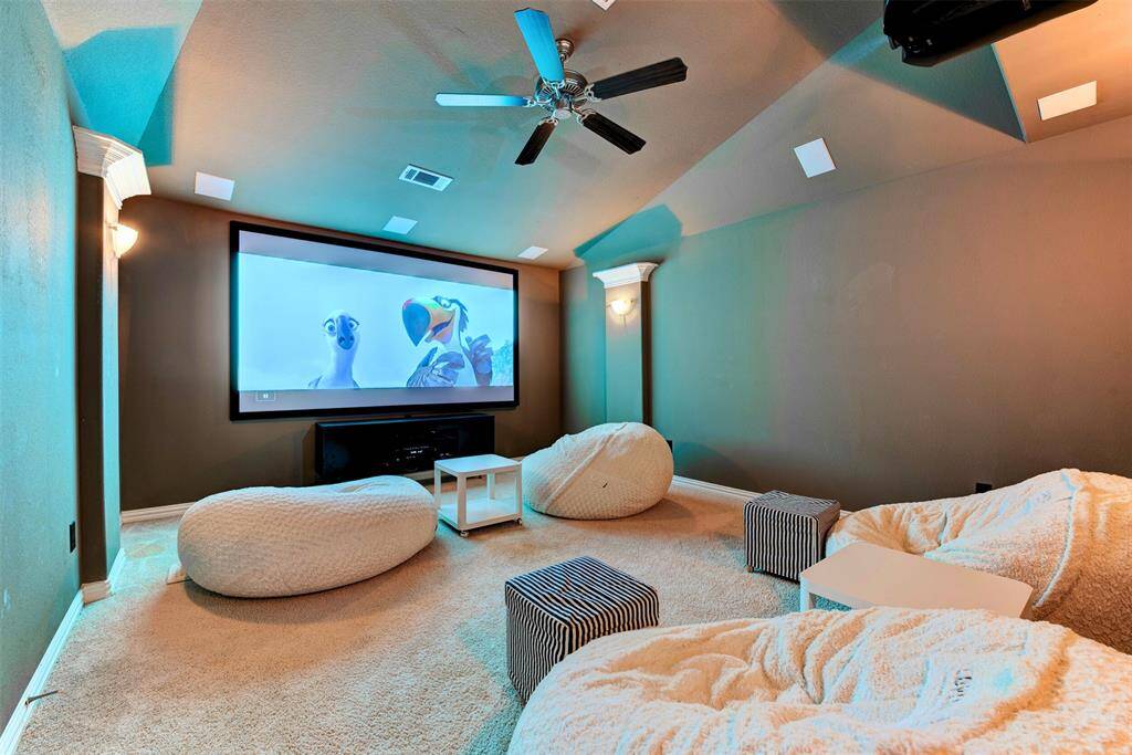 The Media Room is fully equipped and ready for entertainment, featuring a high-quality audio and visual receiver along with a top-of-the-line projector—all of which will remain with the home