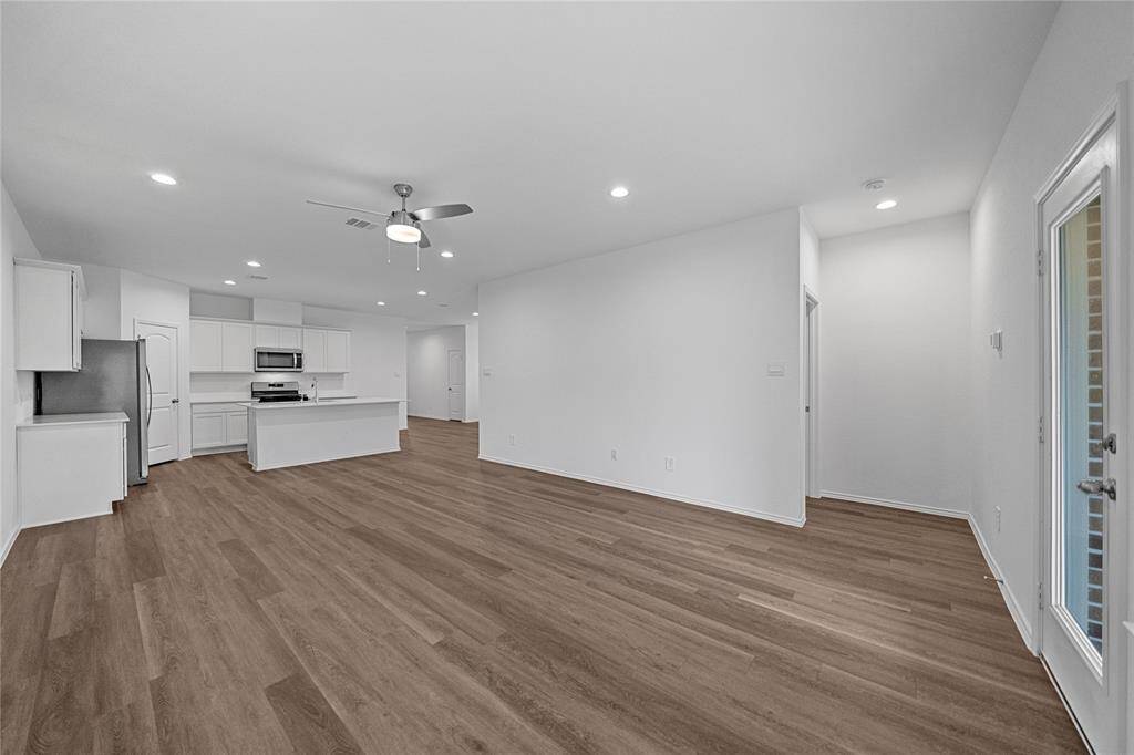 Full view of the living room & kitchen