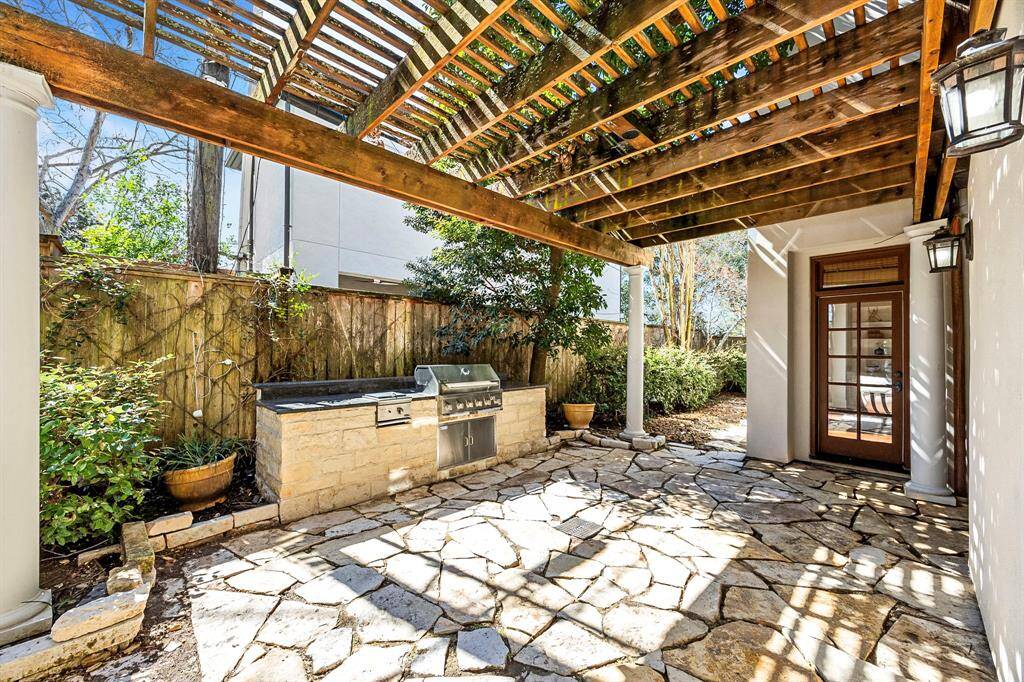 Backyard summer kitchen with partially covered pergola