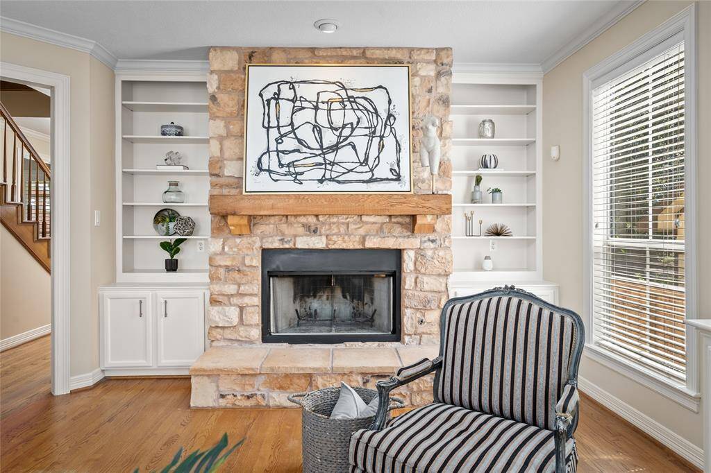 The stone hearth that brings a certain hill country coziness to the space.
