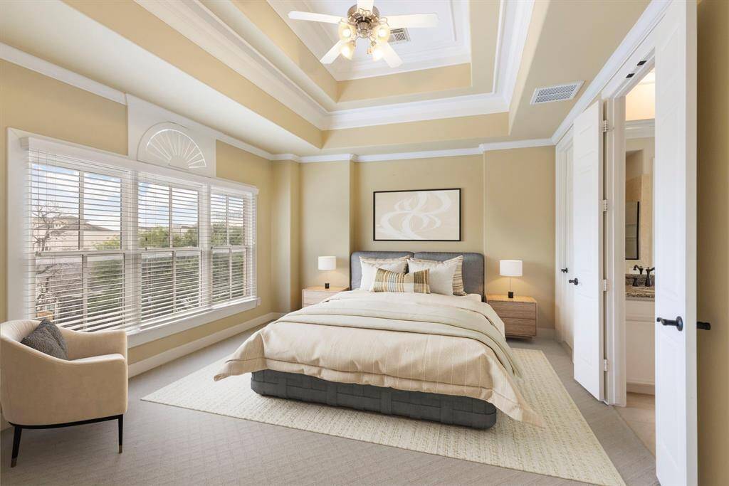 Luxurious owner's retreat with elegant virtual staging, featuring a spacious layout and abundant natural light. Perfect for relaxation and comfort.