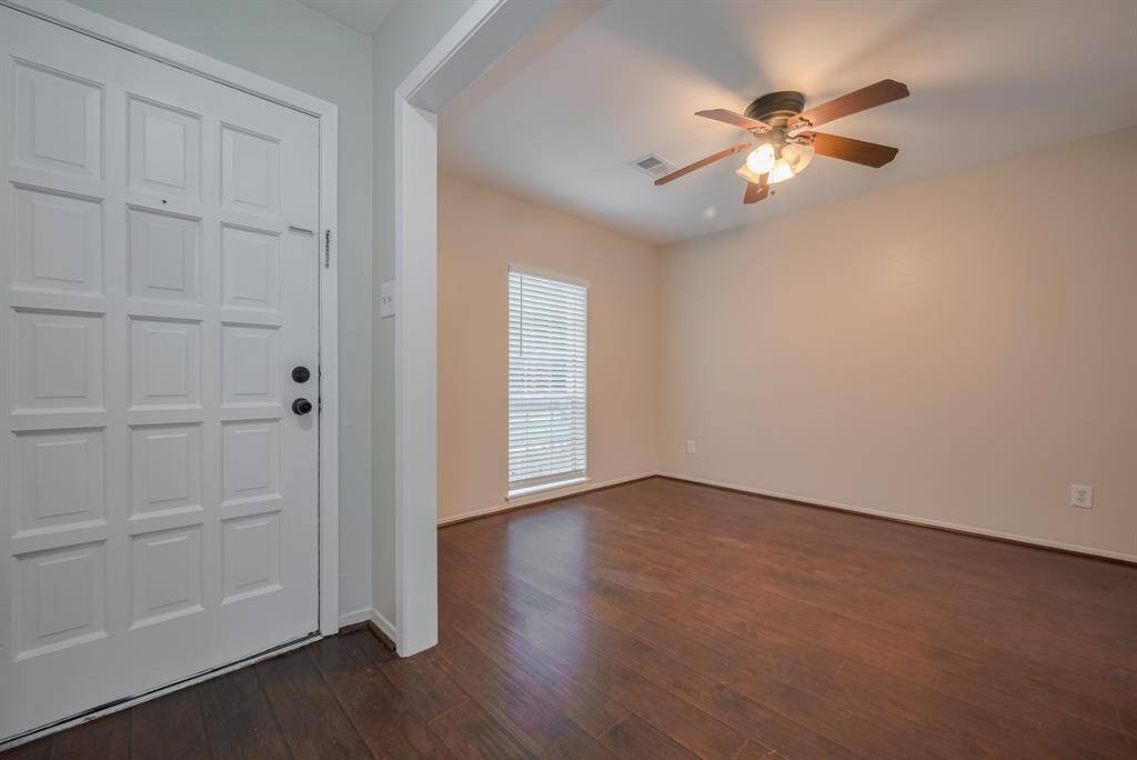 Welcomed by a bright dining area.