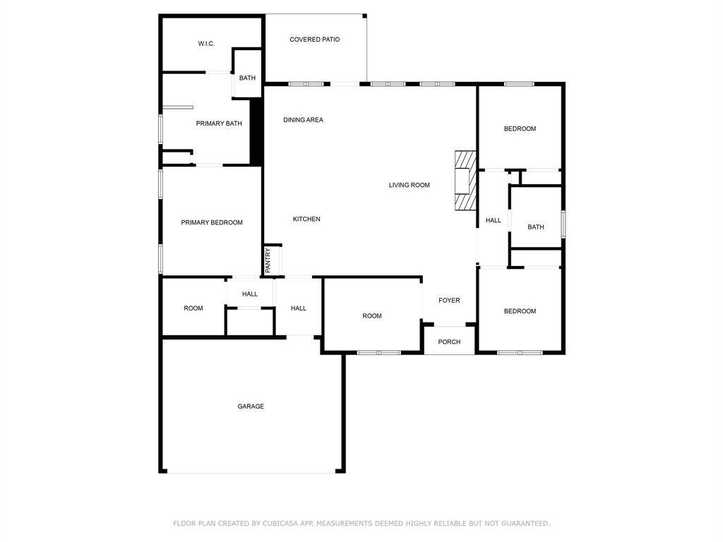 This is a single-story home floor plan featuring three bedrooms, including a primary suite with a walk-in closet and bath. The layout has a spacious living room, dining area, and kitchen with a pantry. There's a covered patio, two additional baths, a foyer, and a garage.
