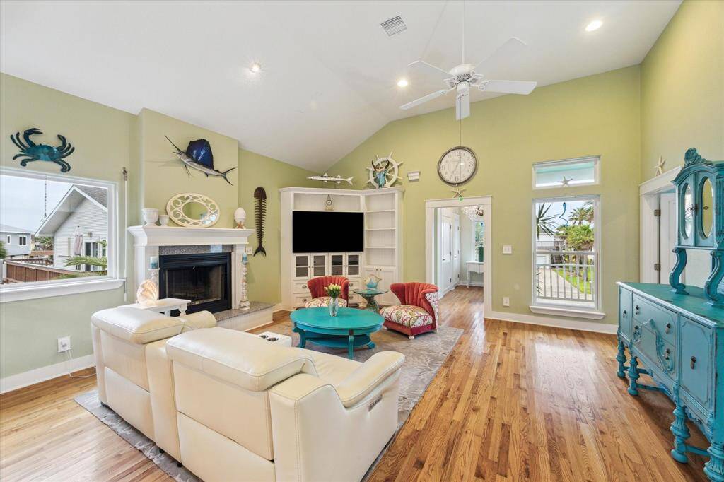 Family room with wood burning fireplace