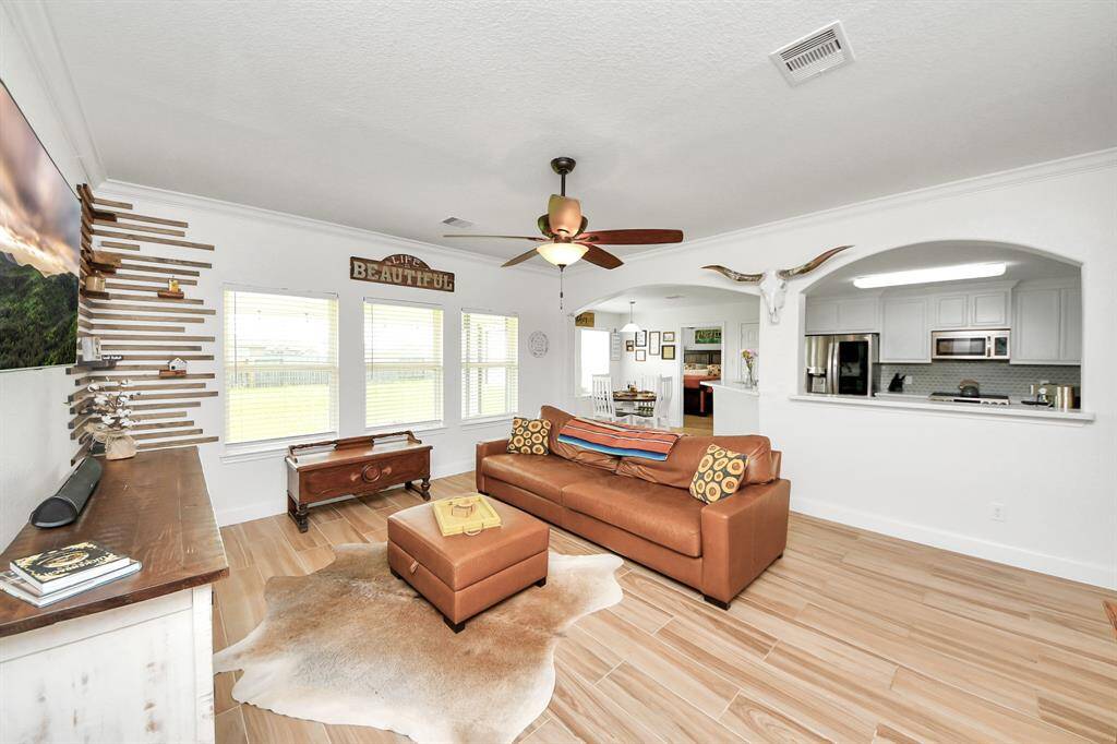 Beautiful wood tile flooring and the perfect space to entertain