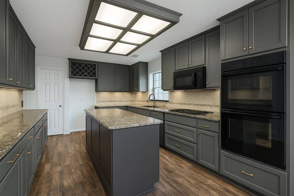 Modern kitchen with sleek freshley painted cabinets, granite countertops, and wood look tile flooring. Features include a central island, built-in oven, microwave, and a wine rack. Ample lighting and storage space enhance functionality.