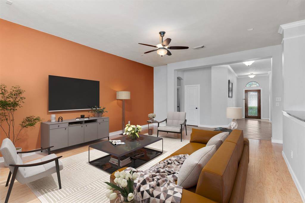 Family room - Virtual staging, high ceilings, large windows, abundant natural light, opens to the expansive kitchen and breakfast area.