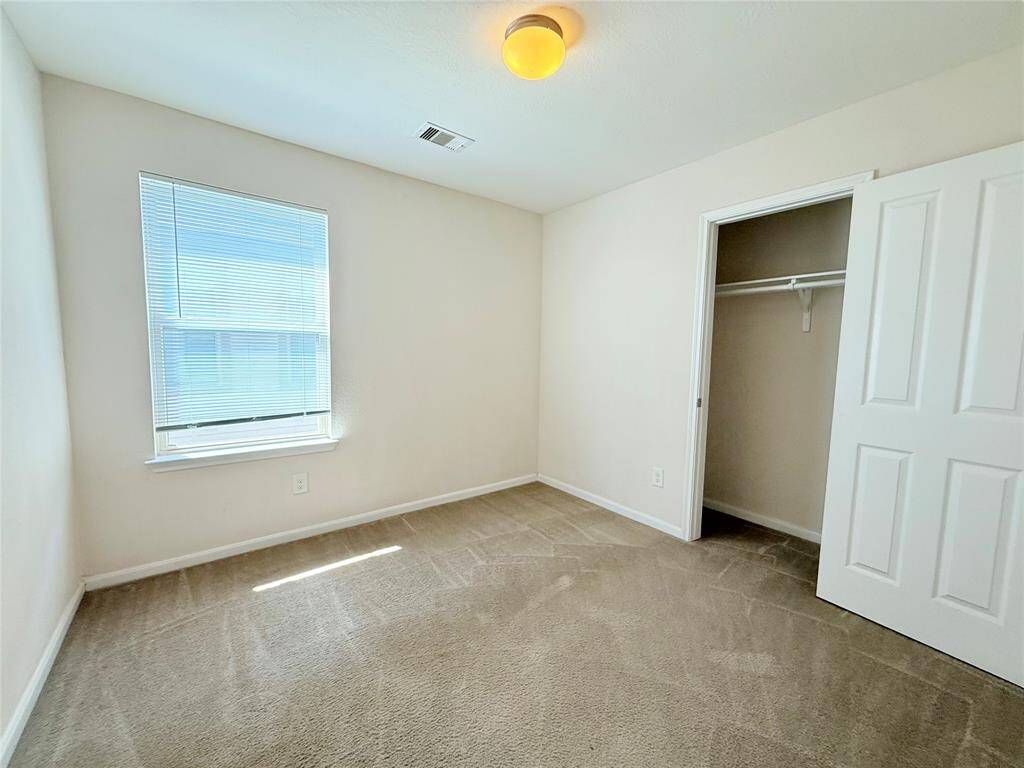 Bright, cozy room with neutral walls and carpet, featuring two windows for natural light and a simple ceiling light fixture.