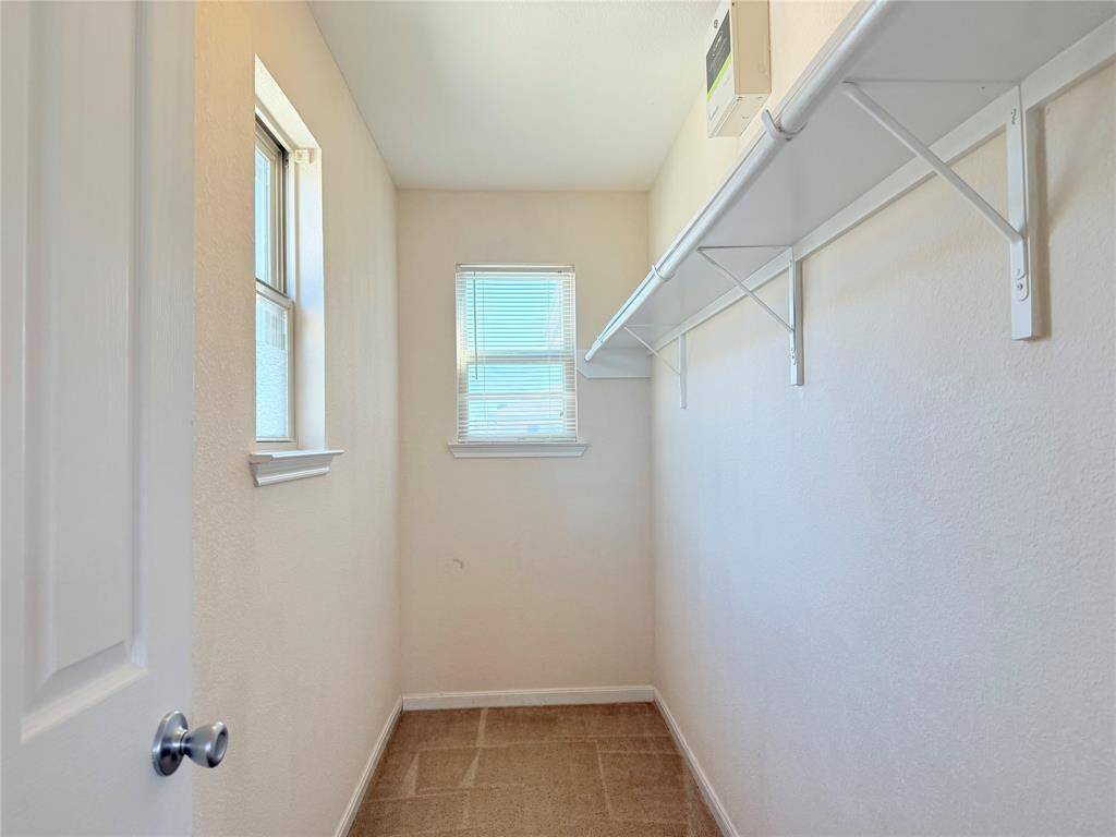 This spacious bedroom features neutral carpeting, two windows for natural light, and access to a connected bathroom. The room has a simple, clean design with a ceiling light and ample wall space.