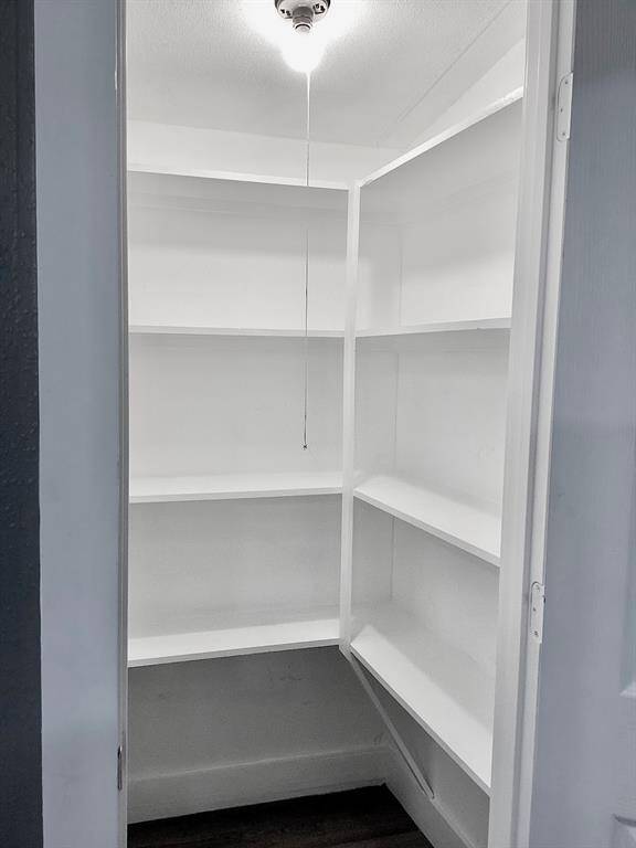 Pantry with built-in white shelves on both the back and right-hand walls