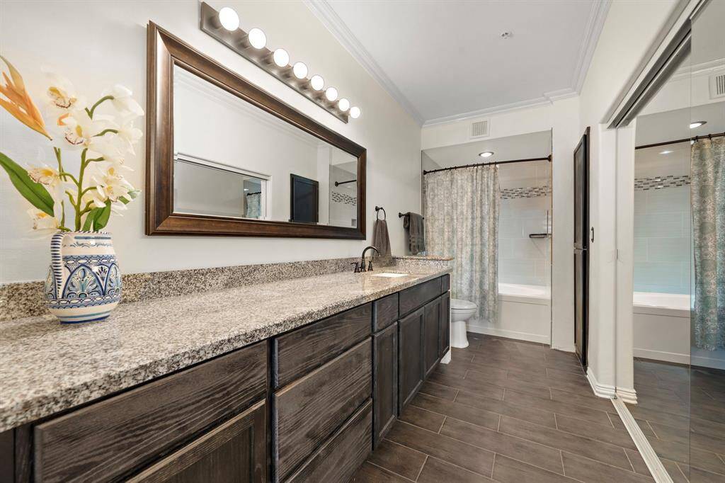 The primary ensuite bath highlights a spacious vanity area with stylish lighting and built-ins, plus an alcove tub/shower combo.
