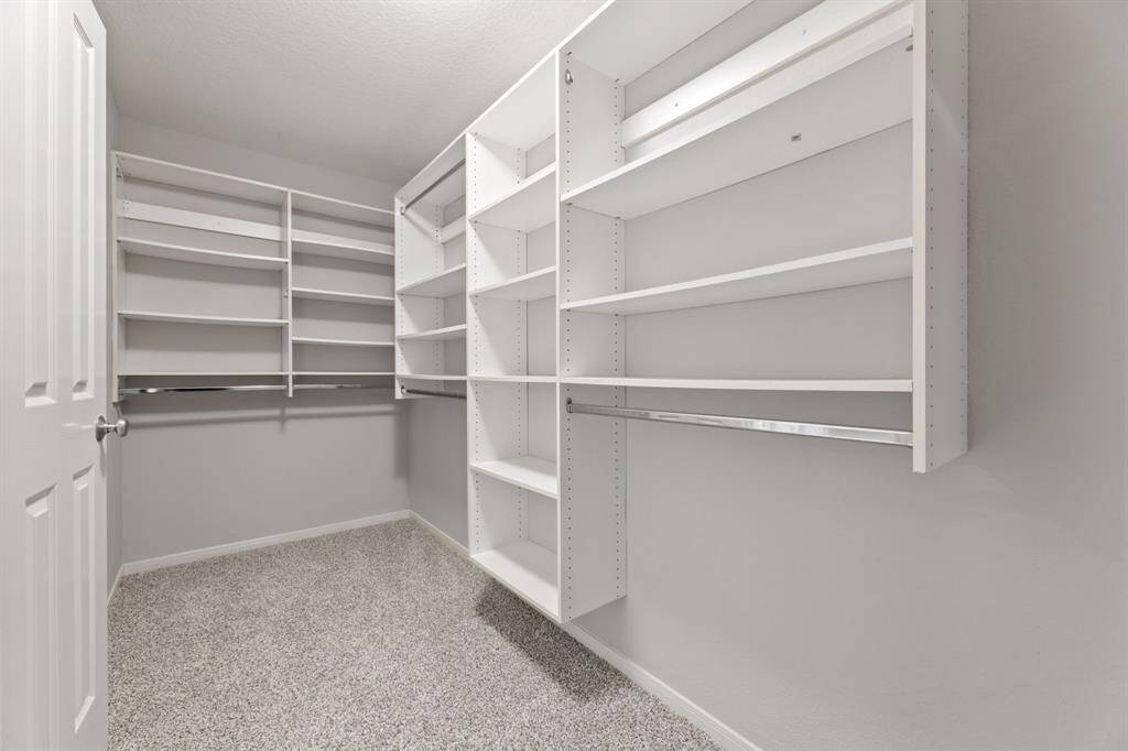 Spacious walk-in closet with ample shelving and hanging space, featuring clean white walls and a neutral carpet floor. Perfect for organized storage.