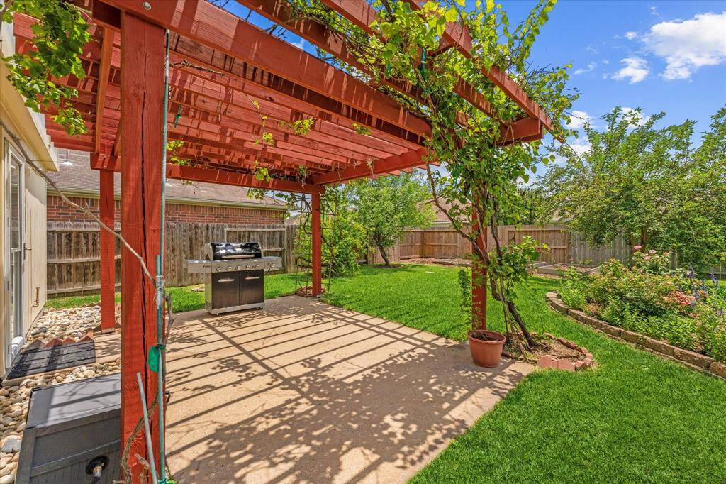 Pergola with vines and numerous fruit trees.
