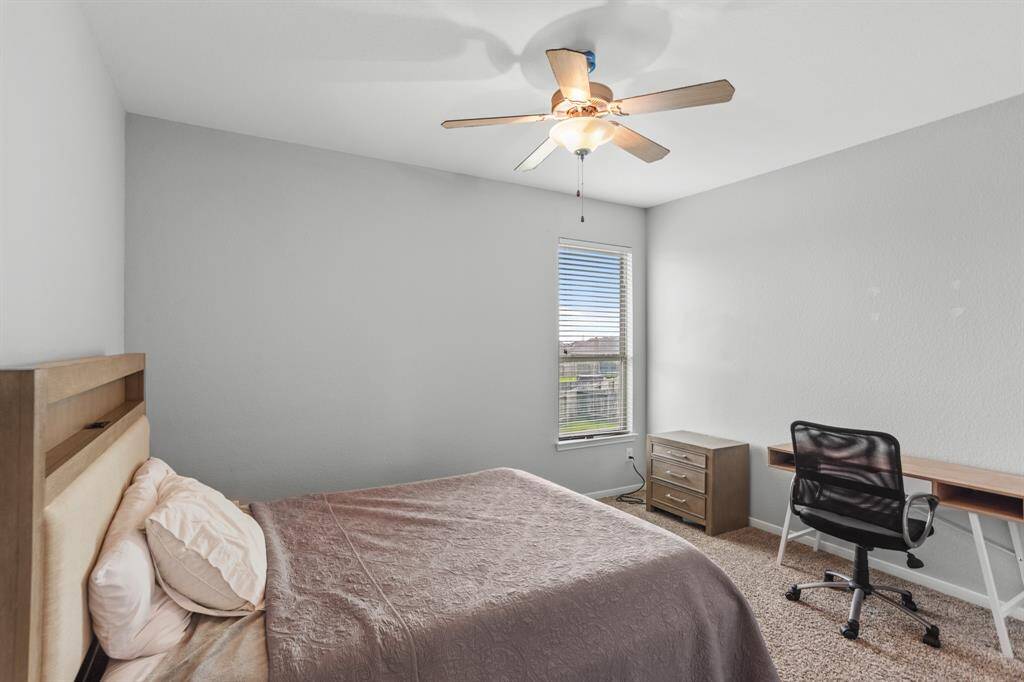 Large secondary bedroom featuring neutral paint, plush carpet,a ceiling fan, and a window with privacy blinds.