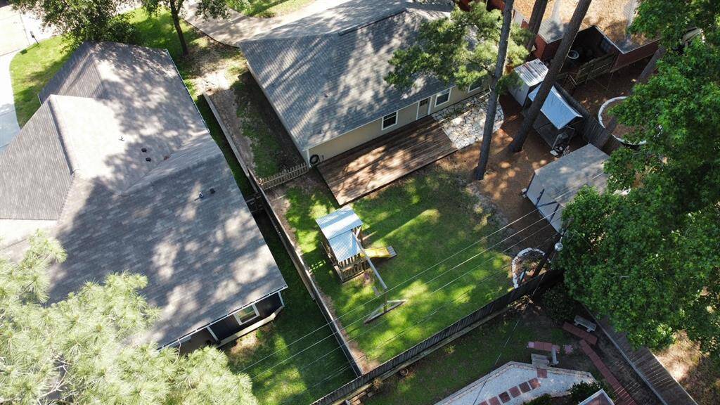 Aerial view of backyard.