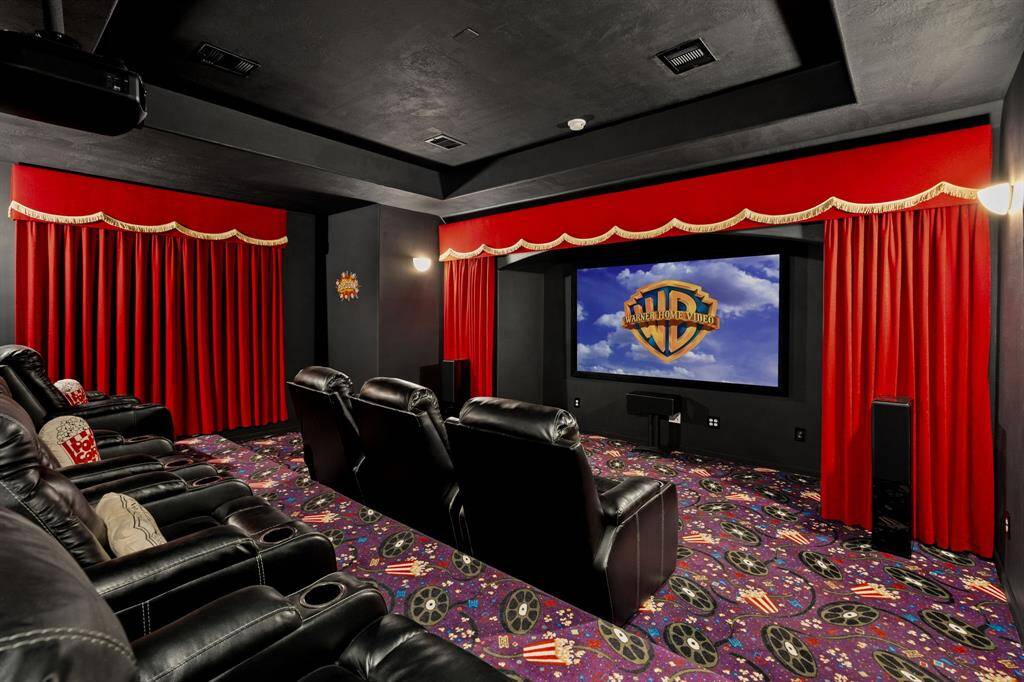 Immerse yourself in cinematic bliss in this media room, featuring complete blackout curtains, luxurious custom carpet, and the perfect ambiance for unwinding and enjoying your favorite movies.