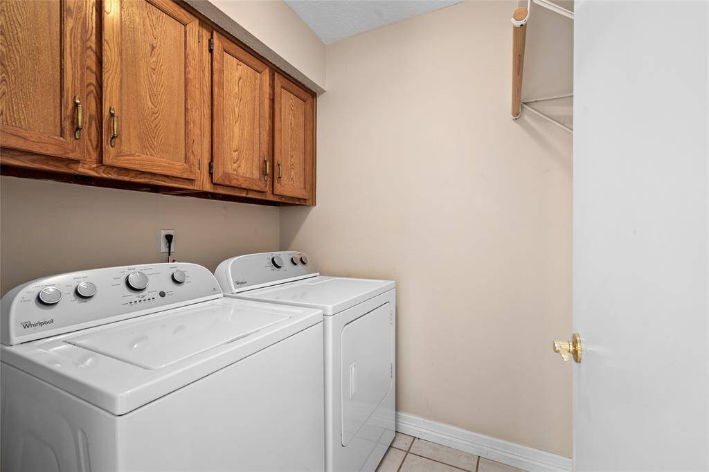 The oversized laundry room with built in cabinets is off the kitchen and breakfast room.  (Washer & Dryer included)