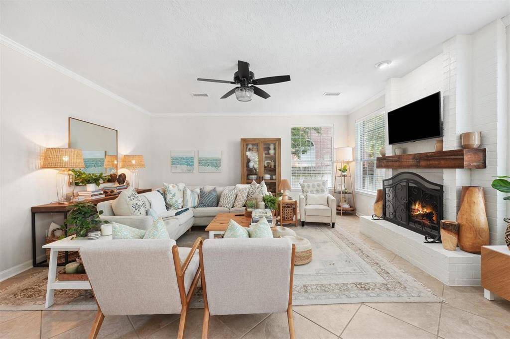Family room with gas fireplace.