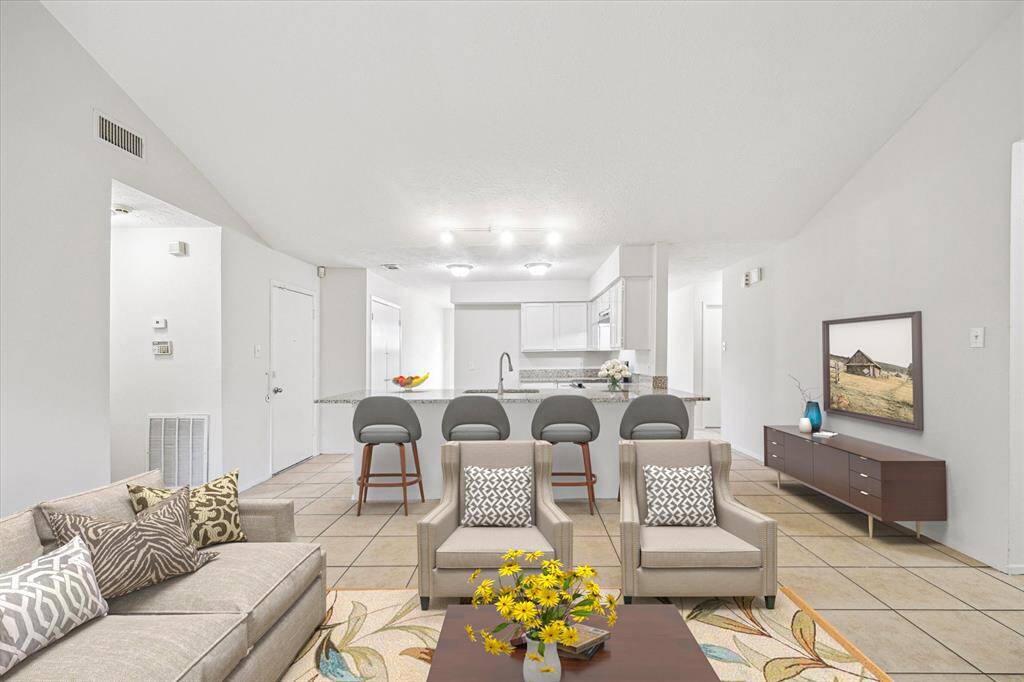 Virtually staged family room and breakfast bar