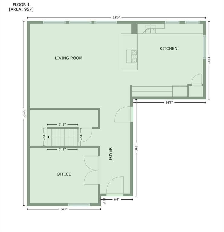 This is the 1st level floor plan with 957 sq ft.  It features a large living room, a kitchen with an island, an office, and a foyer with a staircase. The layout is open and functional.