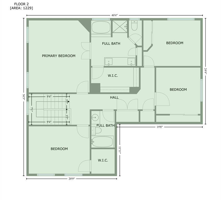 This floor plan illustrates the second floor of a home, featuring a primary bedroom with a walk-in closet and full bath, plus two additional bedrooms each with a full bath and walk-in closet.